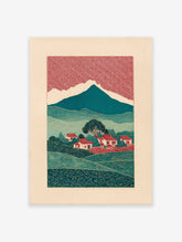 Illustrative Japanese landscape wall art print with red patterned sky, teal mountains, green hills, and village houses.