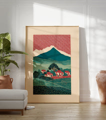 Illustrative Japanese landscape wall art print with red patterned sky, teal mountains, green hills, and village houses. - Image 3