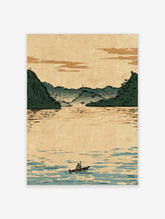 Illustrative Japanese-style landscape print showing a lone boatman on calm water with misty green mountains in the