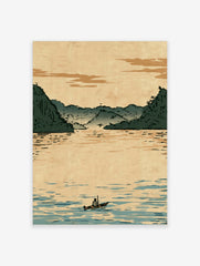 Illustrative Japanese-style landscape print showing a lone boatman on calm water with misty green mountains in the