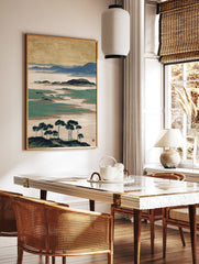 Traditional Japanese landscape wall art print with misty blue mountains, green islands, pine trees, and a golden sky. - Image 2