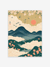 Japanese landscape art print with Mount Fuji, cherry blossoms, red sun, and stylised clouds