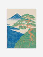 Japanese woodblock print of Mount Fuji with a large, gnarled pine tree in the foreground and blue landscape.