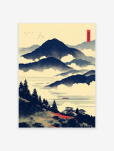 Japanese landscape wall art featuring blue mountains, a misty lake, pine trees, and a small red boat under a yellow sky.