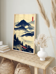 Japanese landscape wall art featuring blue mountains, a misty lake, pine trees, and a small red boat under a yellow sky. - Image 3