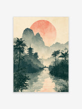 Japanese landscape art print with pagoda, red sun, palm trees, and bridge over a misty river