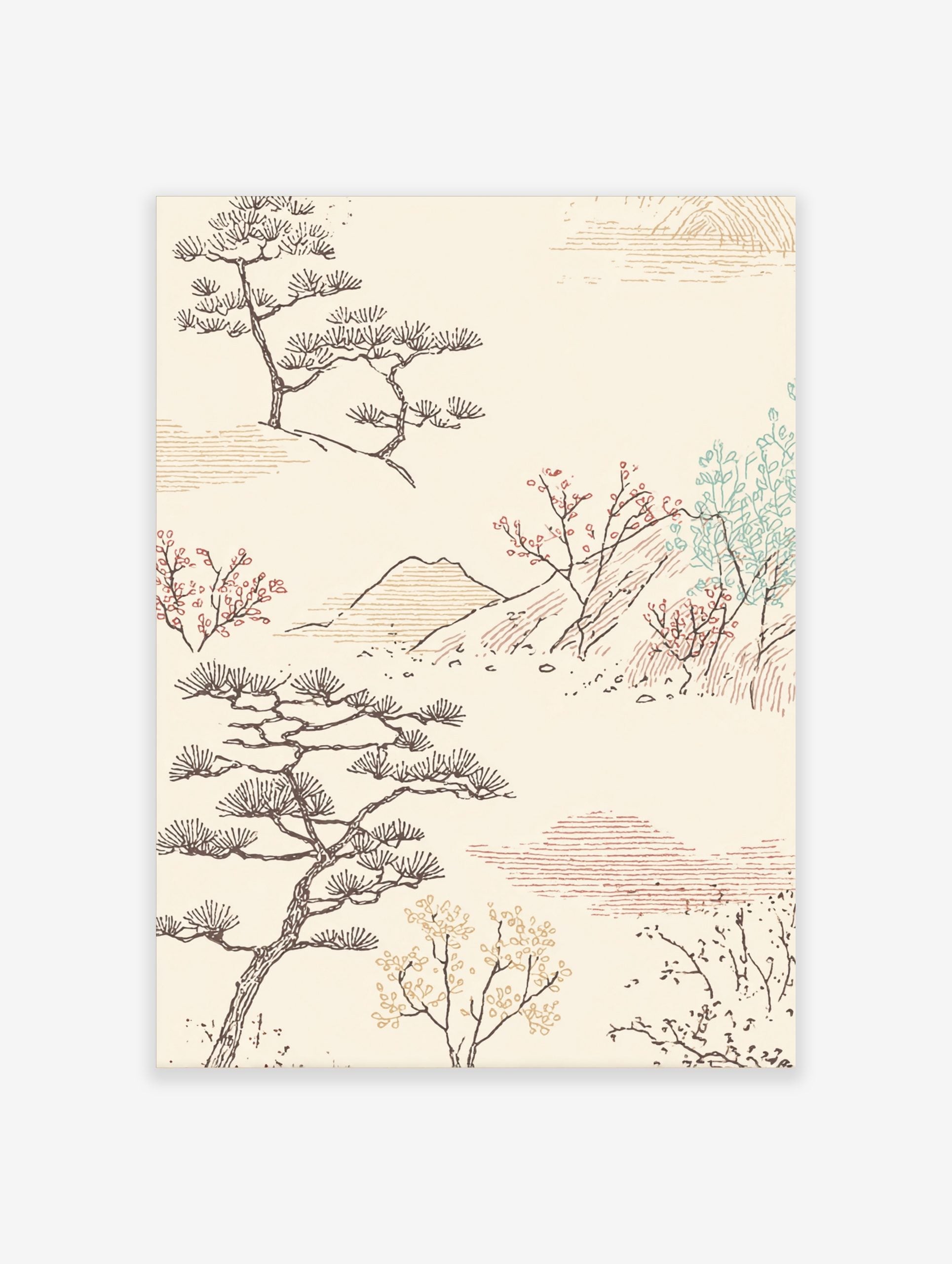 Japanese landscape art print with stylised pine trees, red blossom branches, mountains, and clouds on a cream background