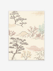 Japanese landscape art print with stylised pine trees, red blossom branches, mountains, and clouds on a cream background
