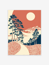 Japanese landscape wall art with blue pine trees, red patterned ground, distant mountains, and a cream sun in a red sky.