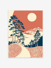 Japanese landscape wall art with blue pine trees, red patterned ground, distant mountains, and a cream sun in a red sky.