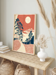 Japanese landscape wall art with blue pine trees, red patterned ground, distant mountains, and a cream sun in a red sky. - Image 3