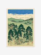 Japanese Landscape Wall Art print featuring tall pine trees, rolling green hills, and a textured blue sky in traditional woodblock style.