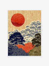 Japanese landscape wall art print with a large red sun, stylized blue and green trees on a textured beige background.