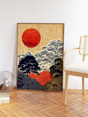 Japanese landscape wall art print with a large red sun, stylized blue and green trees on a textured beige background. - Image 2