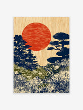 Japanese landscape art print with a large red sun, dark blue trees, and green and cream foliage in a Ukiyo-e style.