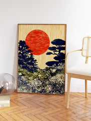 Japanese landscape art print with a large red sun, dark blue trees, and green and cream foliage in a Ukiyo-e style. - Image 2