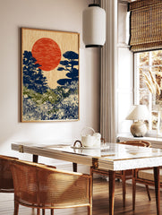 Japanese landscape art print with a large red sun, dark blue trees, and green and cream foliage in a Ukiyo-e style. - Image 3