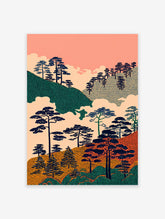 Stylized Japanese landscape wall art with dark pine trees on green and orange textured hills under a pink sky with clouds.