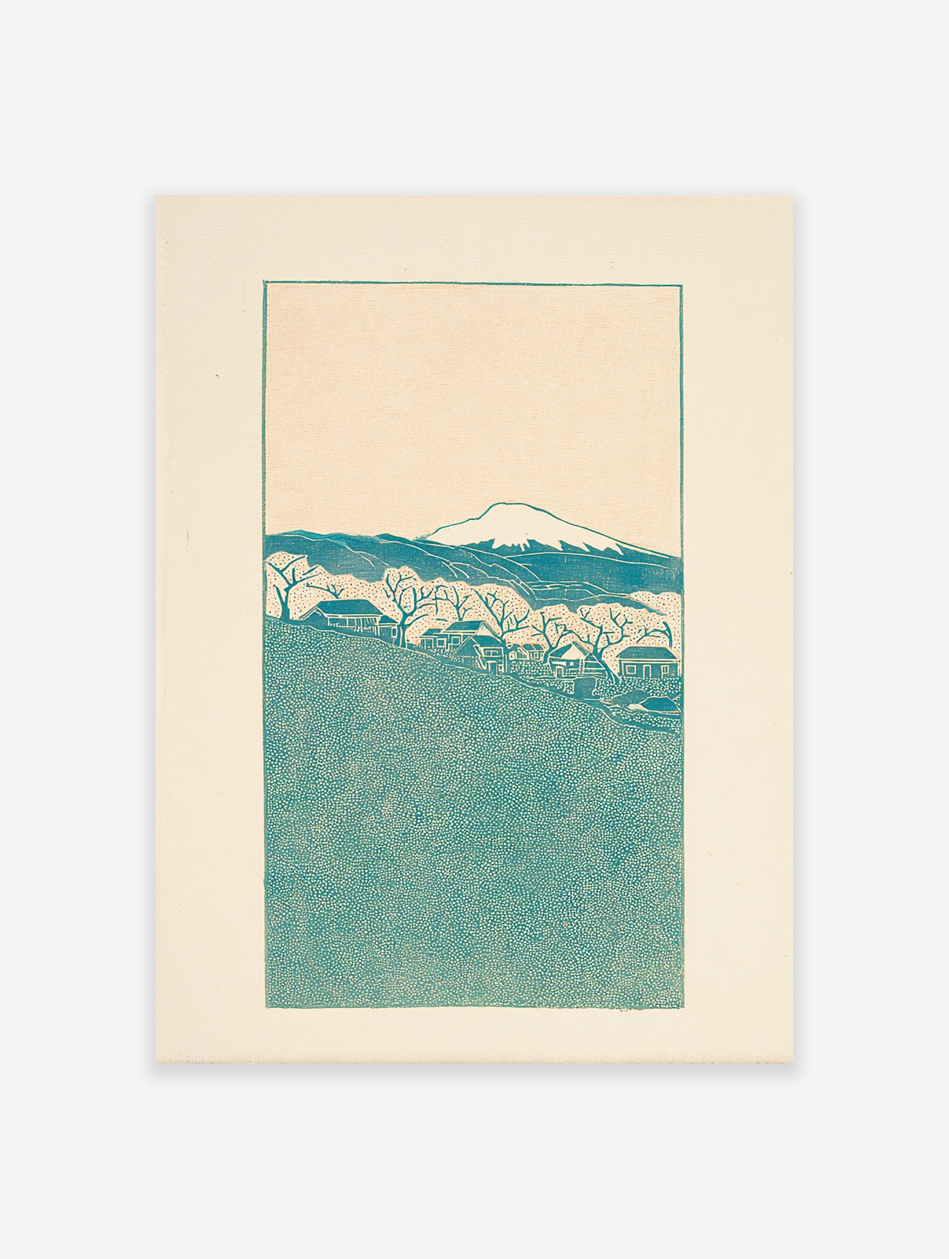 Japanese landscape wall art print with a teal mountain, village houses, and bare trees on a cream background.