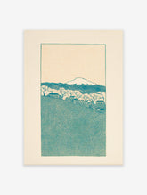 Japanese landscape wall art print with a teal mountain, village houses, and bare trees on a cream background.