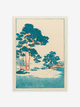 Japanese landscape wall art print featuring teal pine trees and an orange-trunked traditional building on a light background.