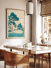 Japanese landscape wall art print featuring teal pine trees and an orange-trunked traditional building on a light background. - Image 2