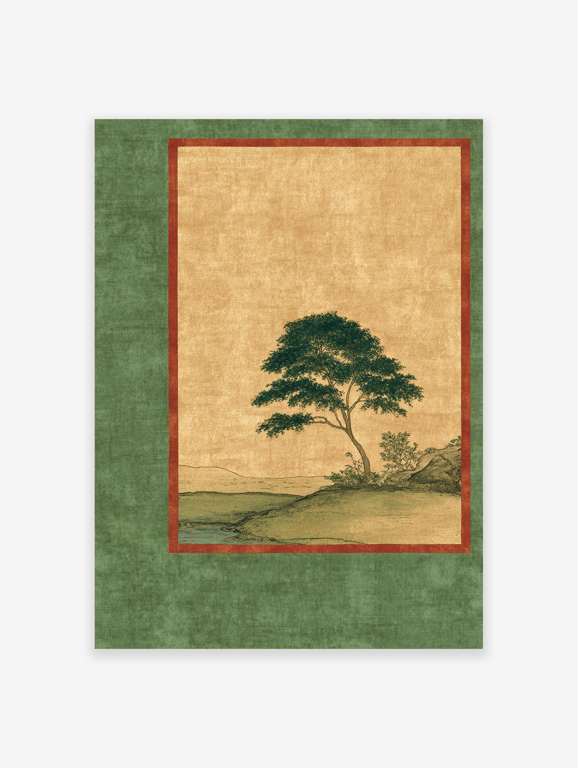 Japanese landscape wall art featuring a green tree by a river, with a gold background and dark green border.