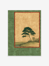 Japanese landscape wall art featuring a green tree by a river, with a gold background and dark green border.