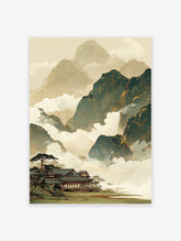 Traditional Japanese landscape wall art with misty mountains, a temple, and pine trees in earth tones.