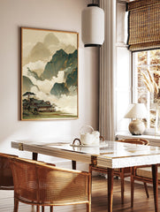 Traditional Japanese landscape wall art with misty mountains, a temple, and pine trees in earth tones. - Image 2