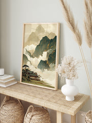Traditional Japanese landscape wall art with misty mountains, a temple, and pine trees in earth tones. - Image 3