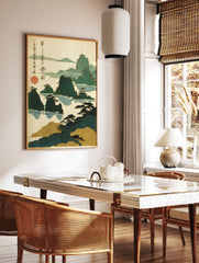Traditional Japanese landscape wall art print depicting green mountains, blue water, pine trees, and gold clouds with calligraphy. - Image 2