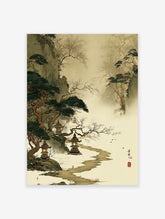 Japanese landscape wall art depicting a misty winter scene with pine trees, stone lanterns, a winding path, and flying birds.