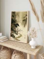Japanese landscape wall art depicting a misty winter scene with pine trees, stone lanterns, a winding path, and flying birds. - Image 3