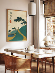 Japanese Ukiyo-e style landscape wall art print featuring a figure on a path, pine trees, and a calm sea in teal and gold. - Image 2