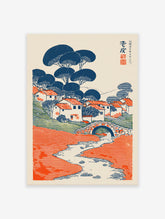 Japanese landscape wall art print featuring a stylized village, blue trees, orange roofs, stone bridge, and winding river.