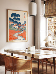 Japanese landscape wall art print featuring a stylized village, blue trees, orange roofs, stone bridge, and winding river. - Image 2