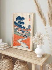 Japanese landscape wall art print featuring a stylized village, blue trees, orange roofs, stone bridge, and winding river. - Image 3