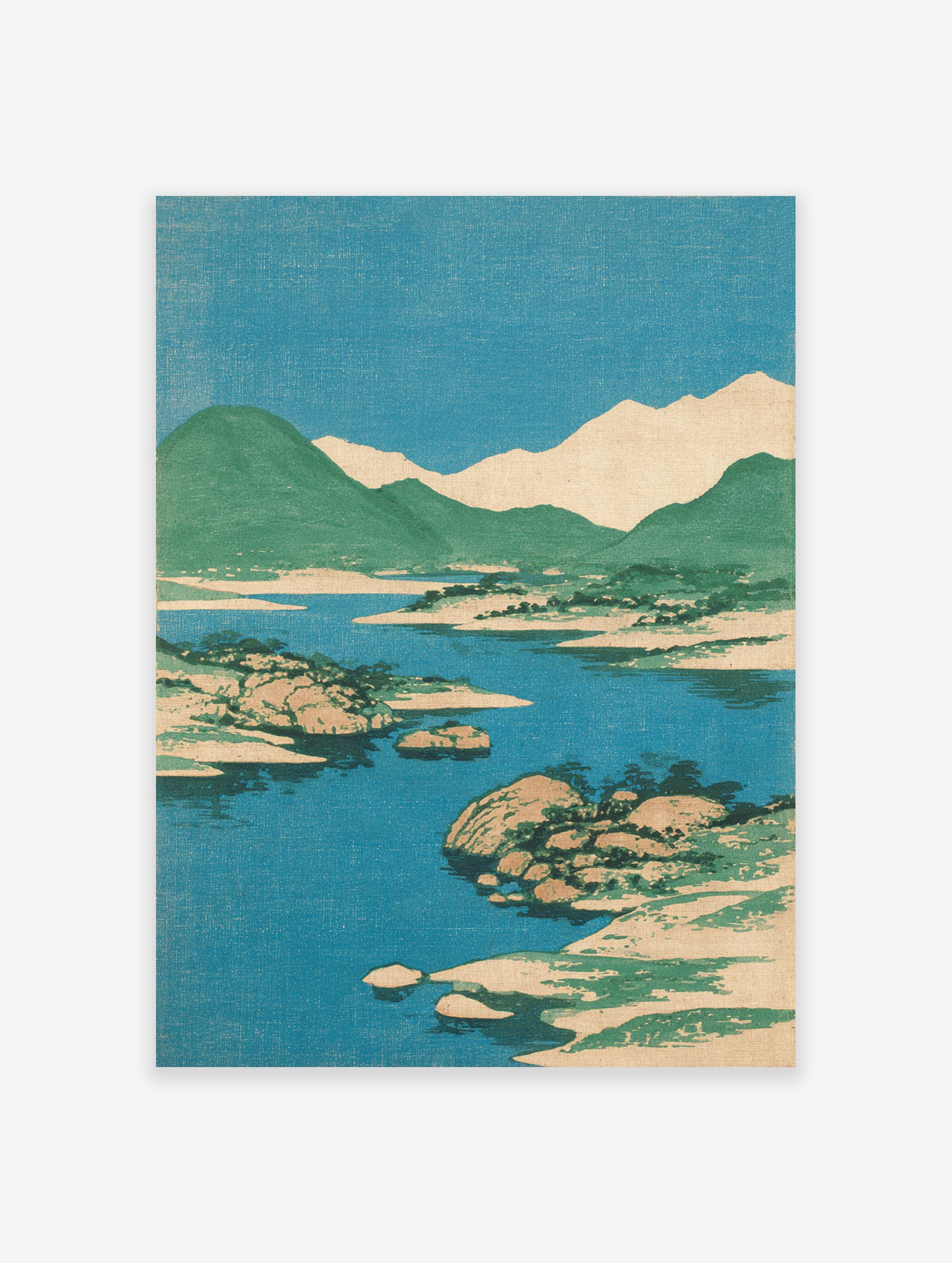 Japanese landscape woodblock print featuring blue water, green mountains, and a clear sky with rocky islands.
