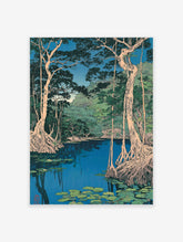 Japanese Landscape Wall Art woodblock print showing a tranquil blue swamp with large trees, exposed roots, and green lily pads.