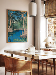 Japanese Landscape Wall Art woodblock print showing a tranquil blue swamp with large trees, exposed roots, and green lily pads. - Image 2