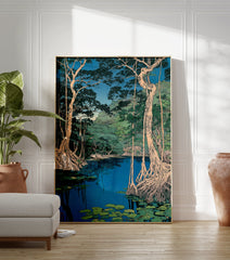 Japanese Landscape Wall Art woodblock print showing a tranquil blue swamp with large trees, exposed roots, and green lily pads. - Image 3