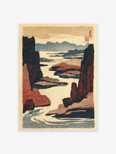 Japanese Landscape Wall Art woodblock print showing a river winding through dark red and blue cliffs and mountains.
