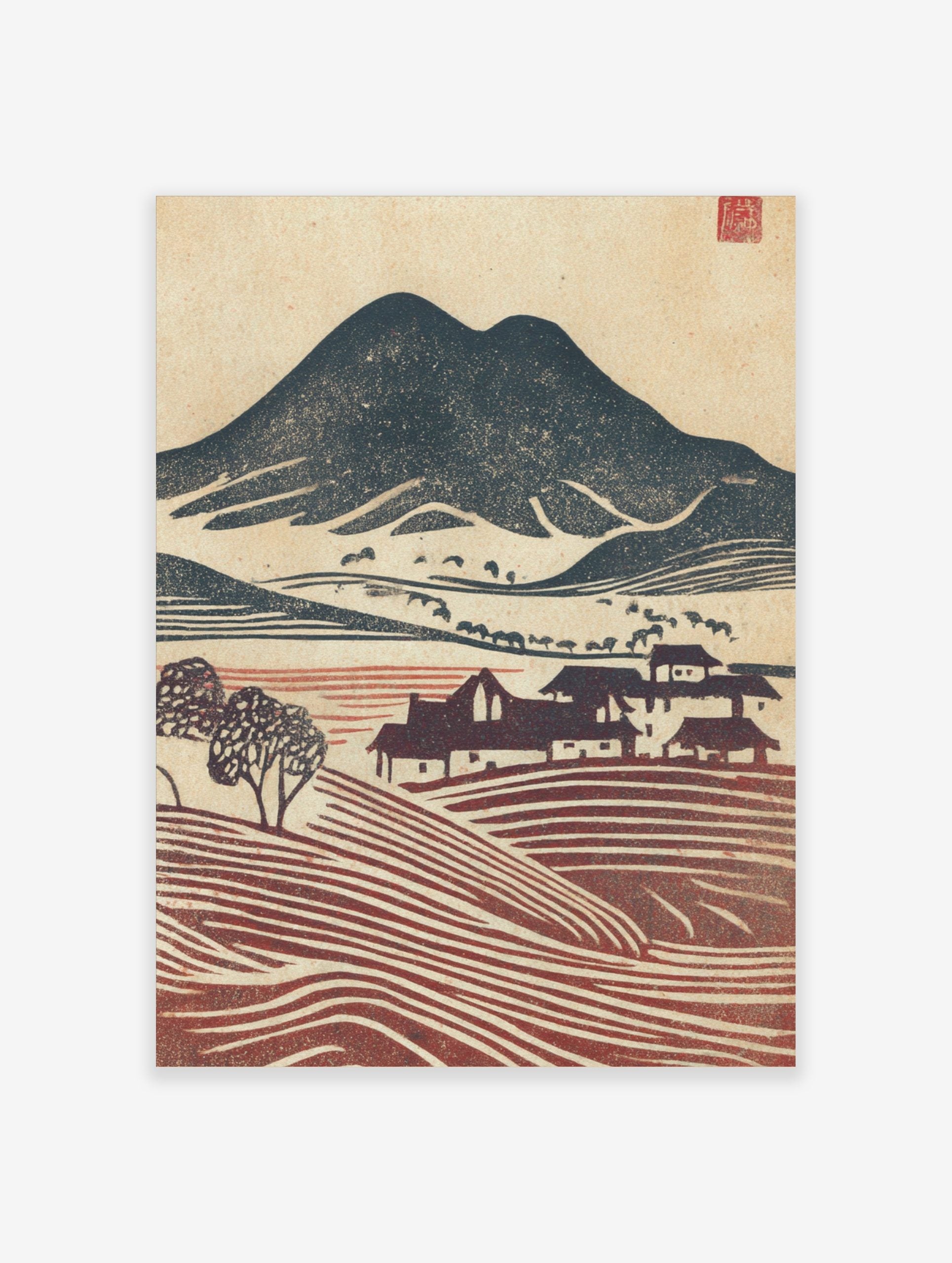 Japanese woodblock style landscape print with dark mountain, village houses, and reddish-brown terraced fields