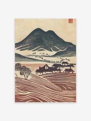 Japanese woodblock style landscape print with dark mountain, village houses, and reddish-brown terraced fields