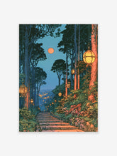 Japanese forest landscape art print with stone steps, hanging lanterns, full moon, and distant city lights at night