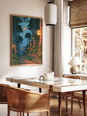 Japanese forest landscape art print with stone steps, hanging lanterns, full moon, and distant city, in a styled room mockup