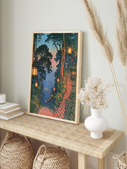 Japanese-style twilight staircase illustration with glowing lanterns, stone steps, and a, in an alternate framed mockup