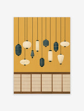 Japanese lantern wall art print with navy and cream paper lanterns on black cords over a gold background