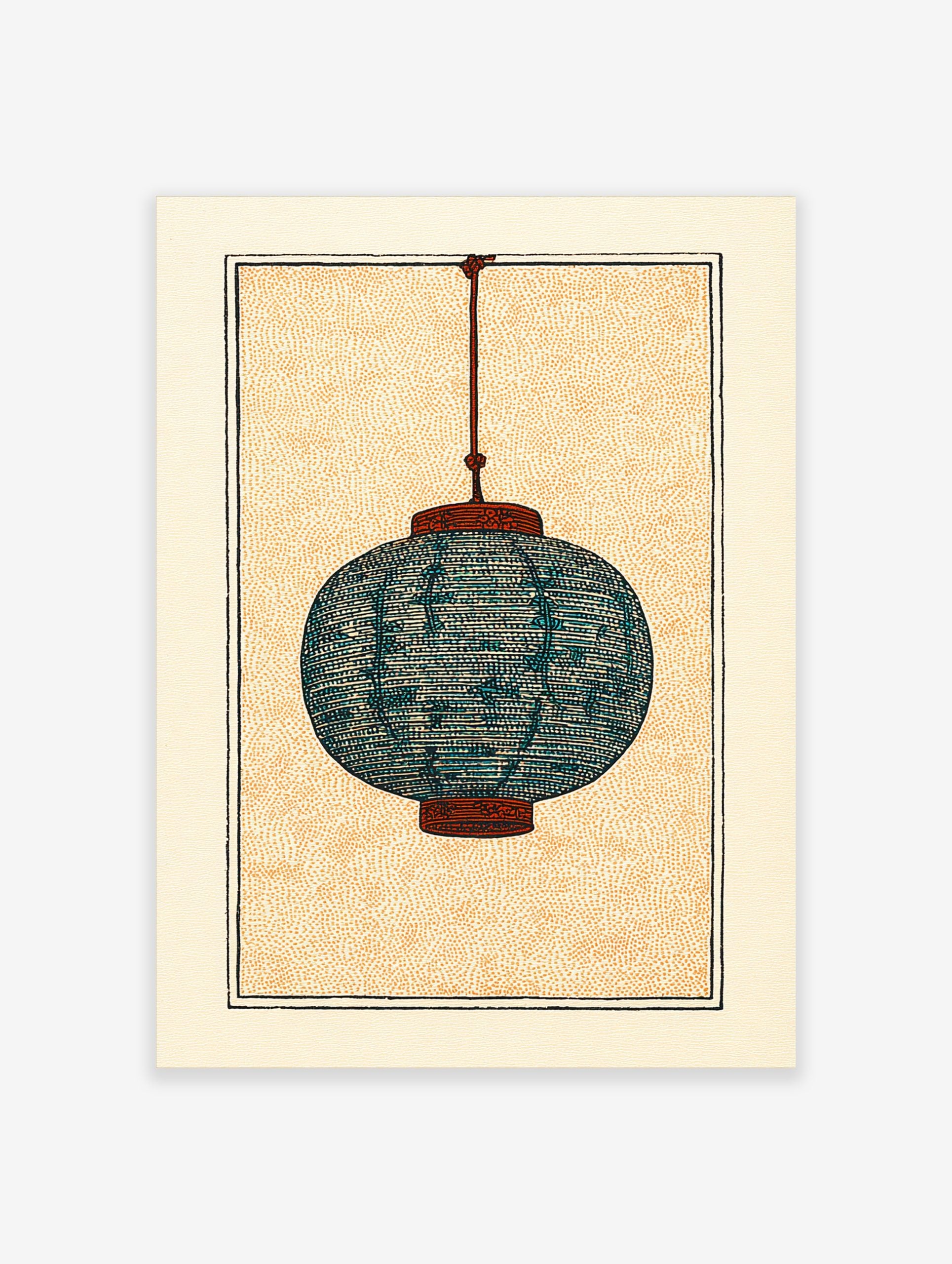Illustrative print of a teal blue Japanese paper lantern with burnt orange details, hanging against a stippled beige